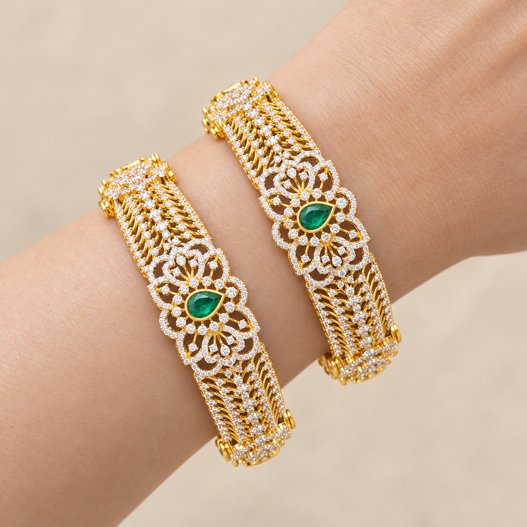 Emerald-Color Teardrop Scroll Bangles — detail