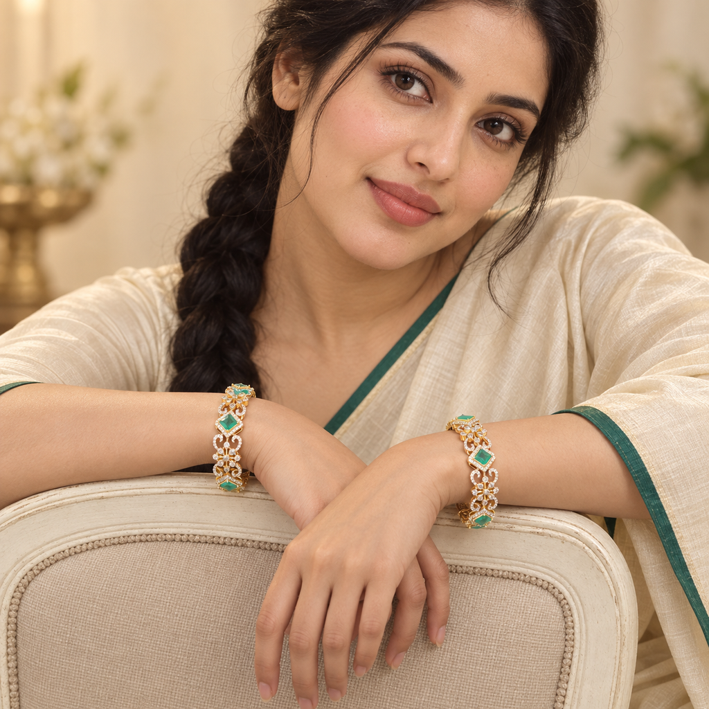 Emerald-Color Diamond-Shaped Floral Bangles — portrait