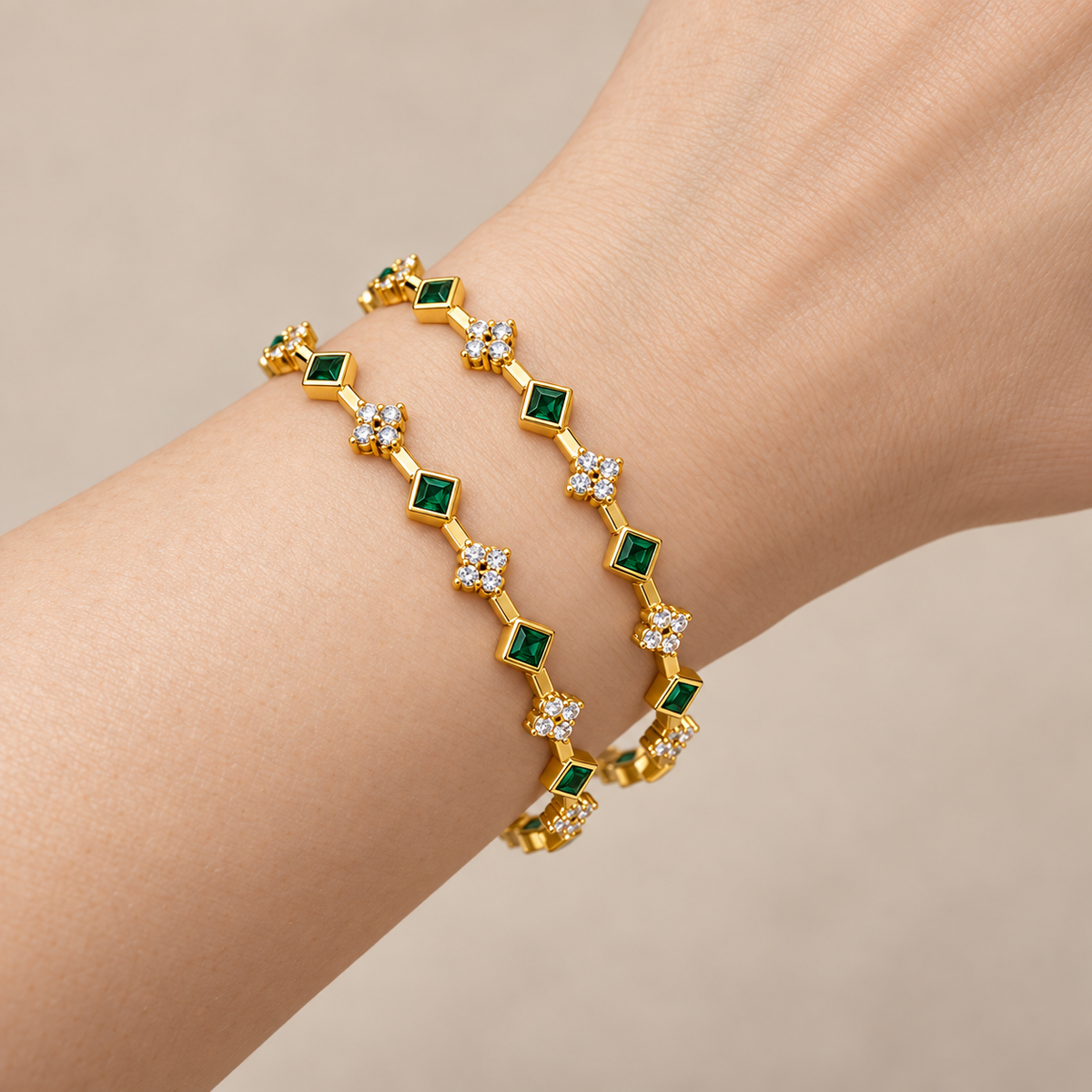 Emerald-Color Square and Floral Bangles — detail