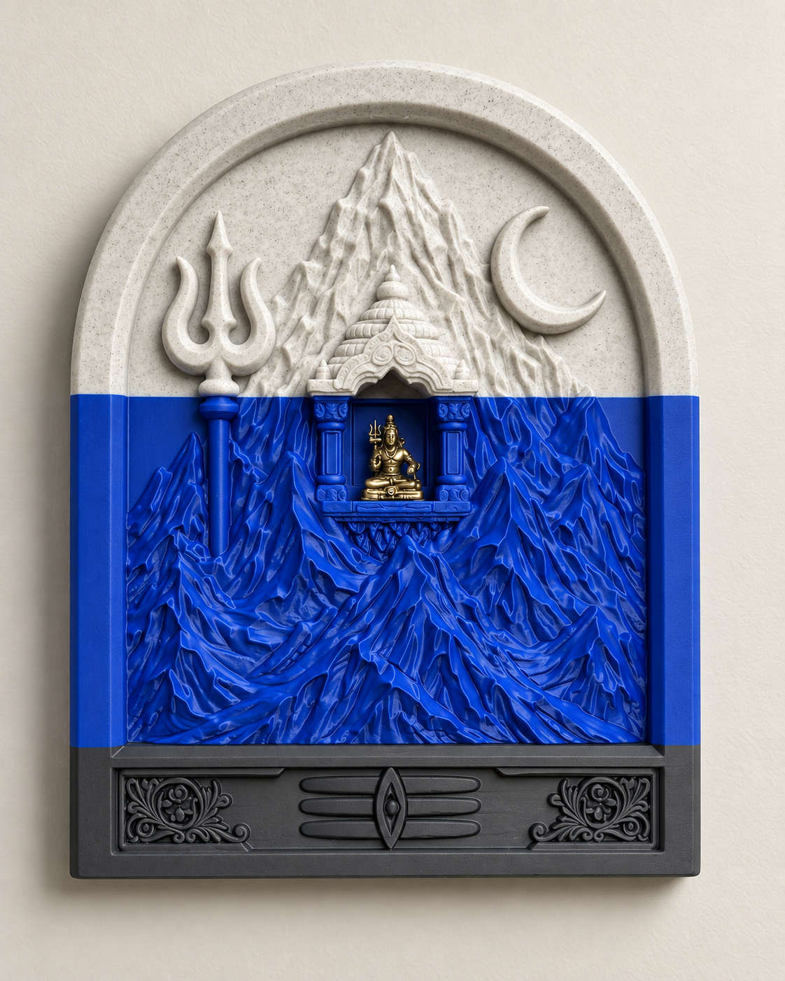 Kailasha sculptural wall art with miniature brass Shiva, cobalt blue and marble-style white relief