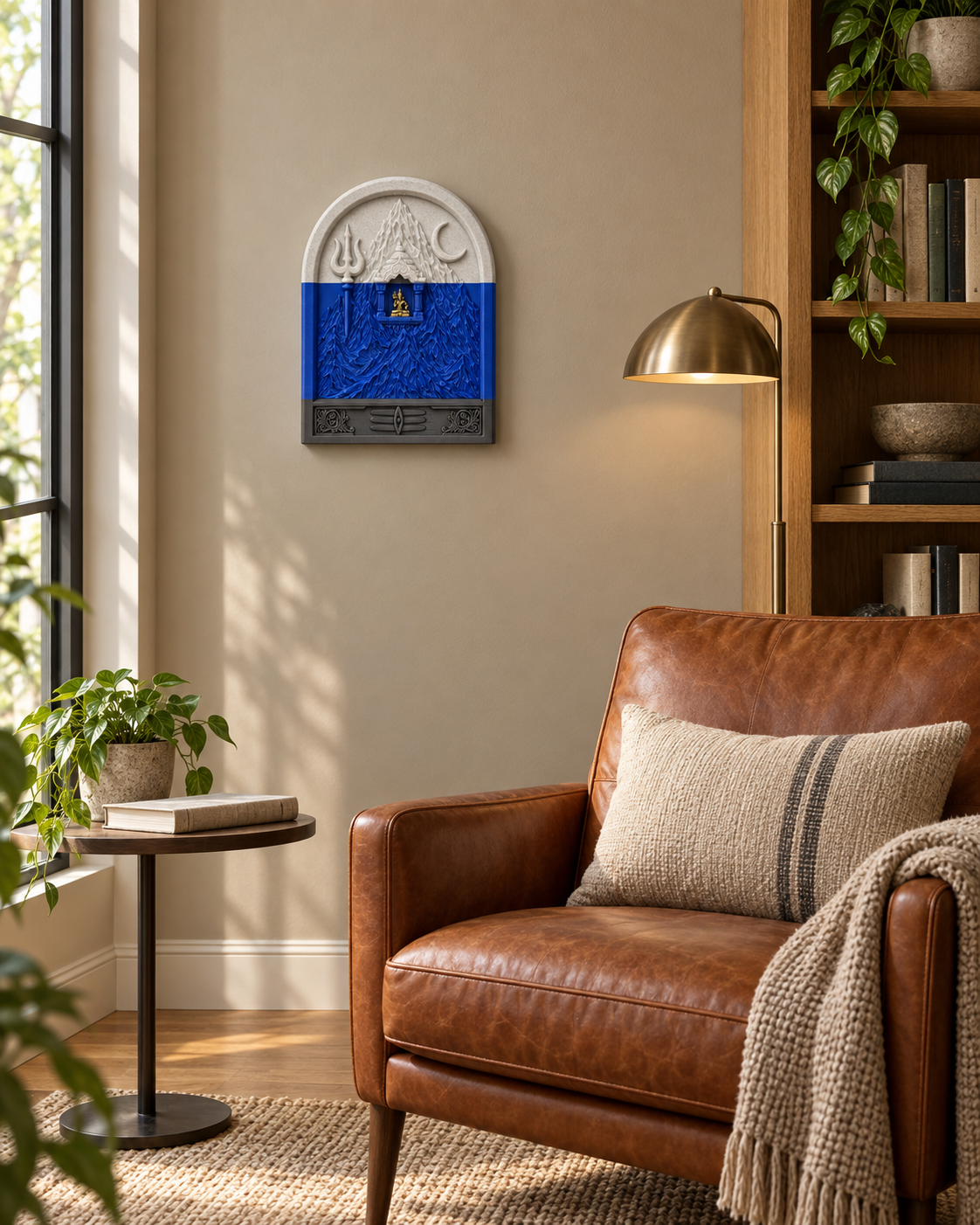 Kailasha wall art styled in a contemporary reading corner