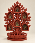 Kalpataru red sculptural tree with six miniature brass deities, 25 cm tall