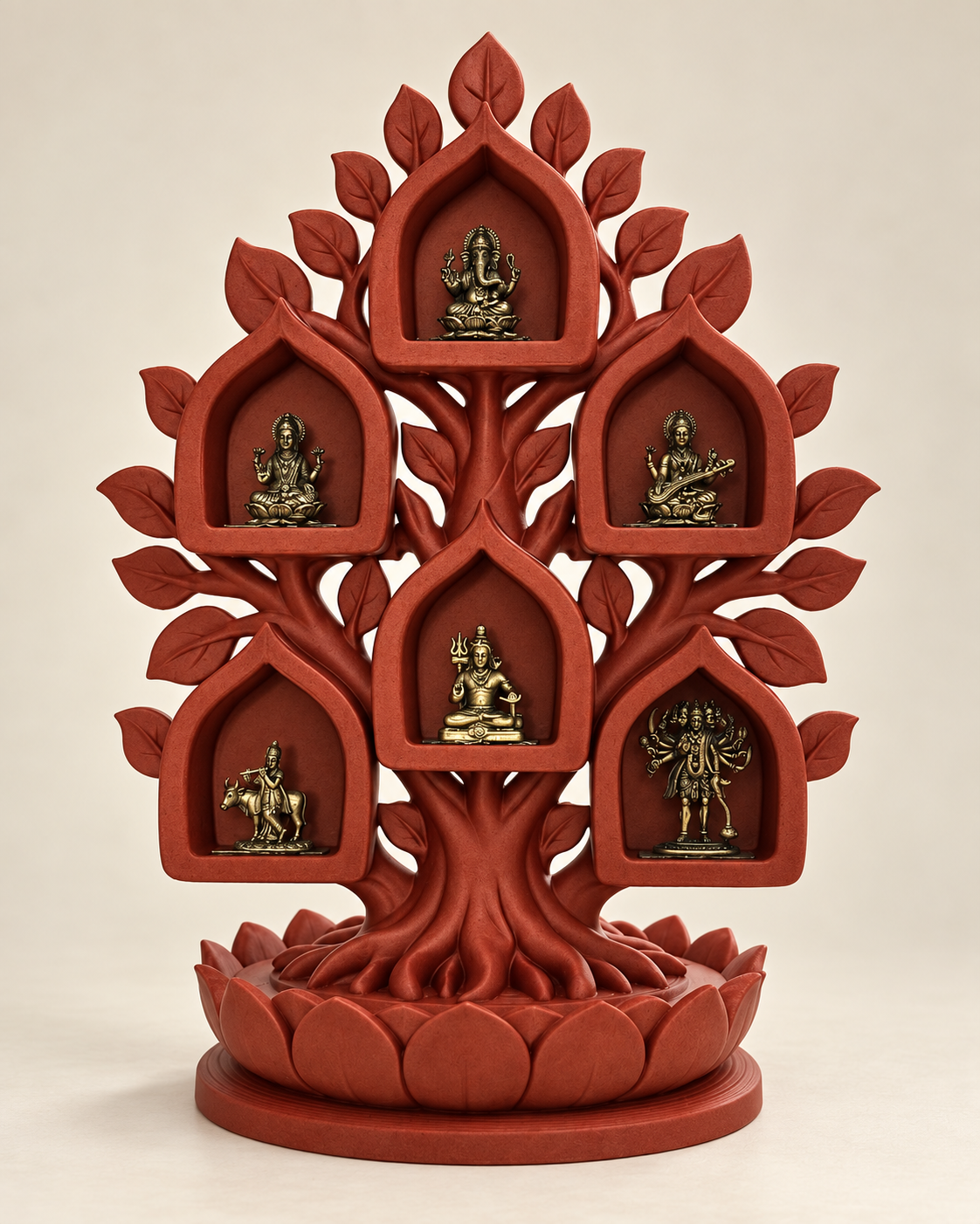 Kalpataru red sculptural tree with six miniature brass deities, 25 cm tall