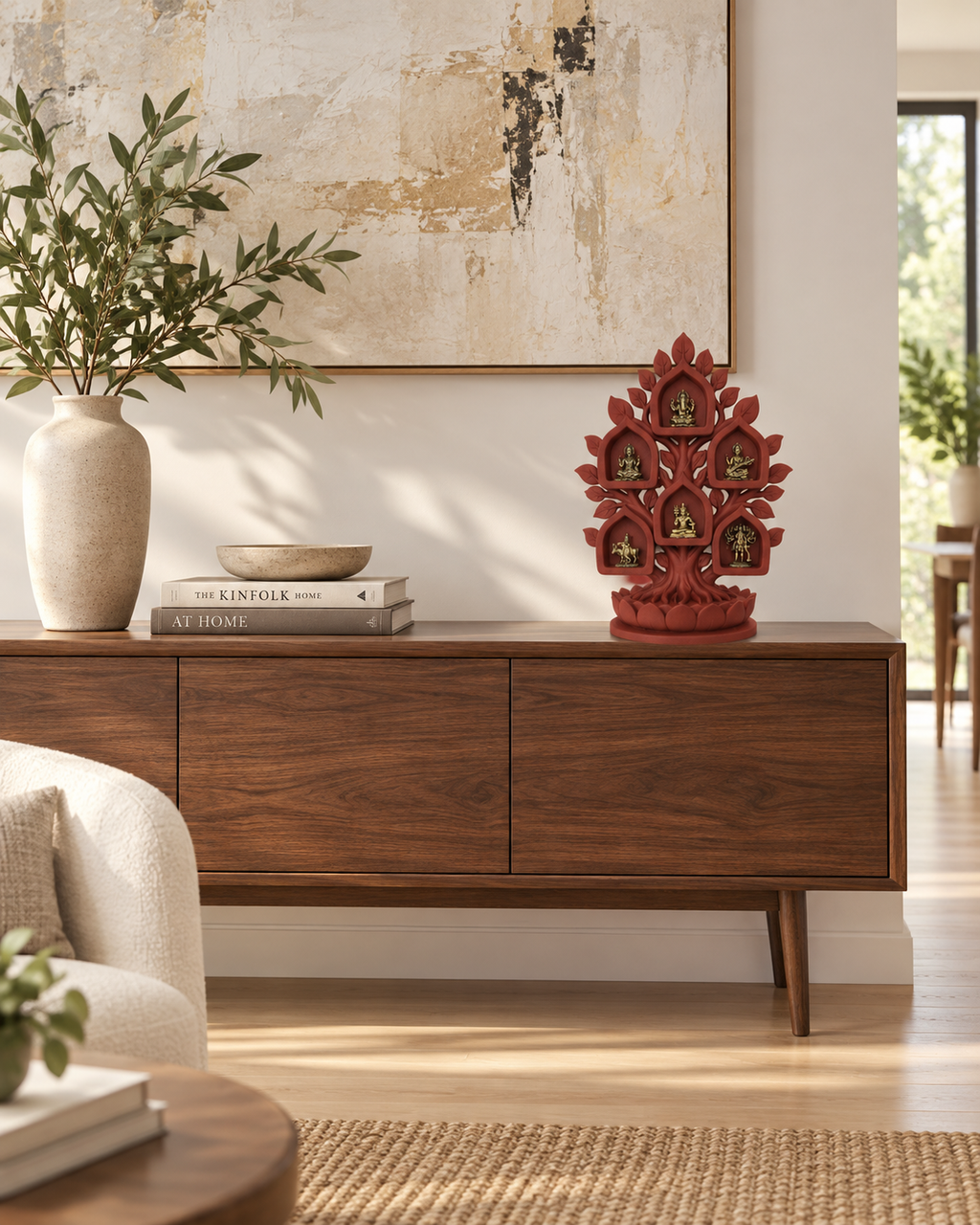 Kalpataru decorative art tree displayed on a living room console