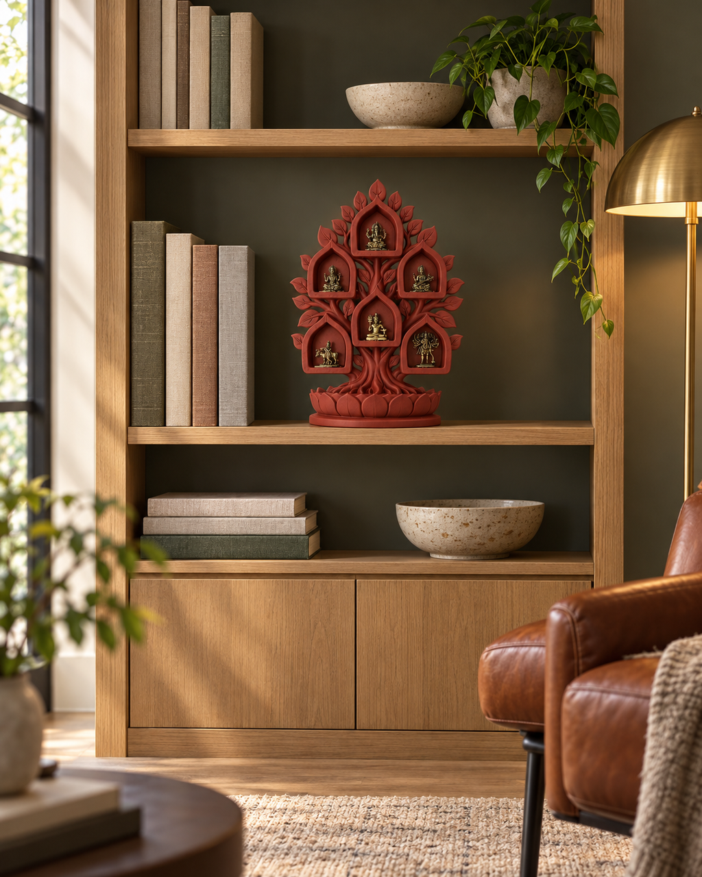 Kalpataru art piece styled on a reading room shelf