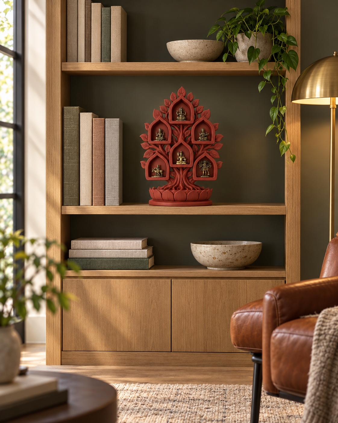 Kalpataru art piece styled on a reading room shelf
