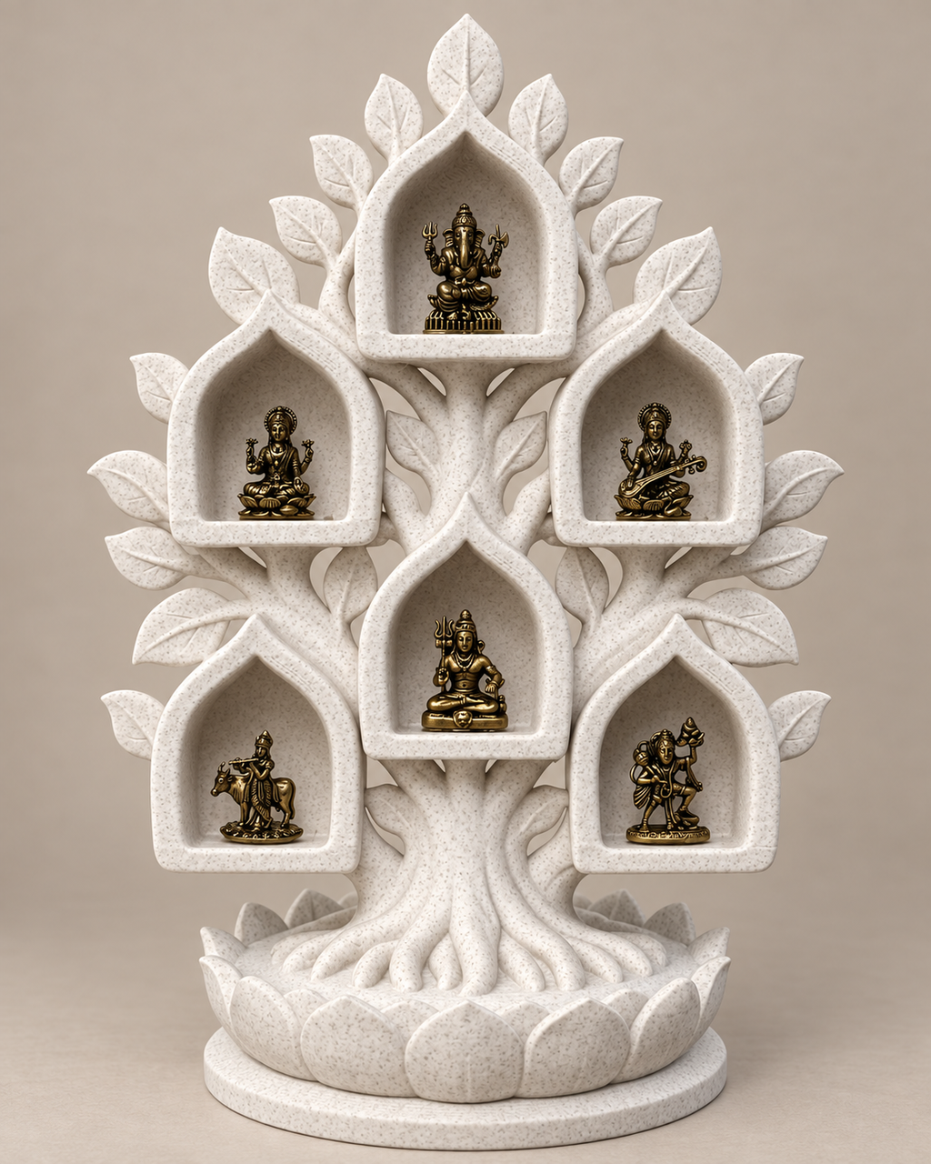 White marble-style Kalpataru tree with six miniature brass deities — hero