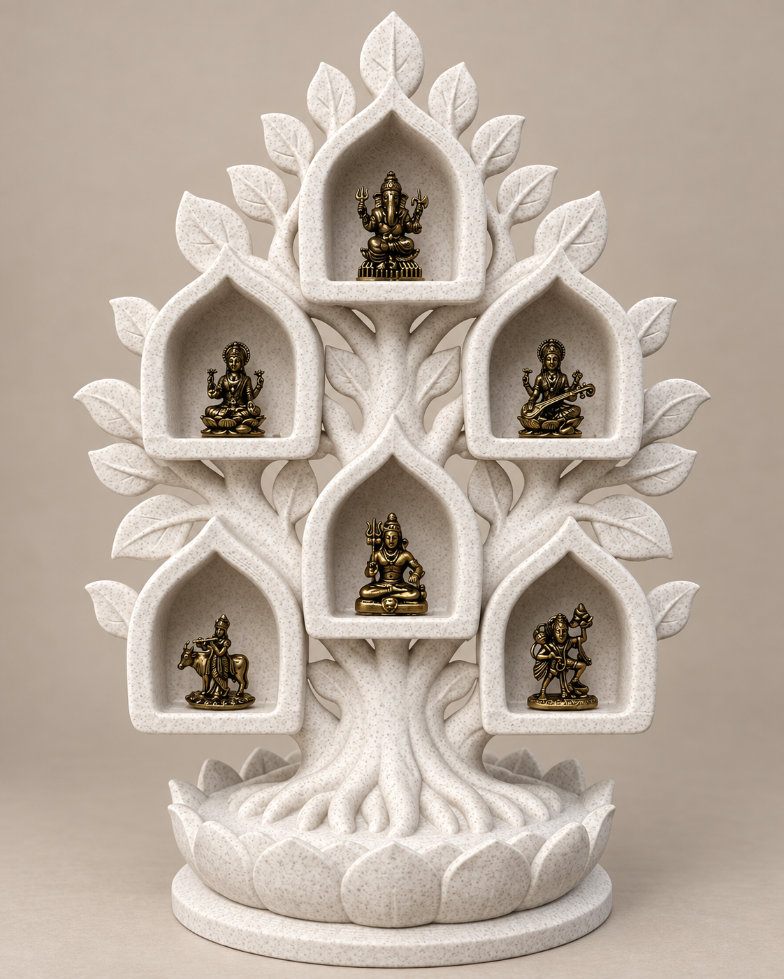White marble-style Kalpataru tree with six miniature brass deities — hero