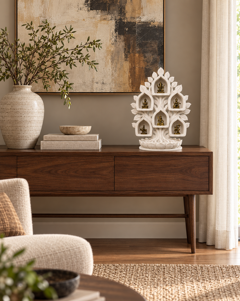 White marble-style Kalpataru tree with six miniature brass deities — living room