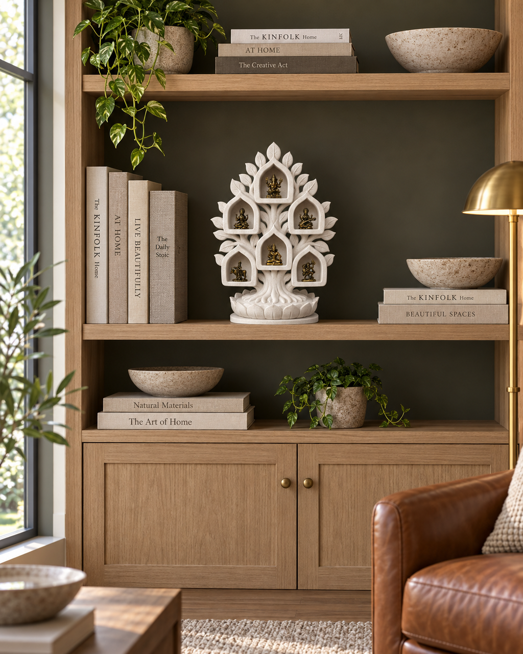 White marble-style Kalpataru tree with six miniature brass deities — reading room