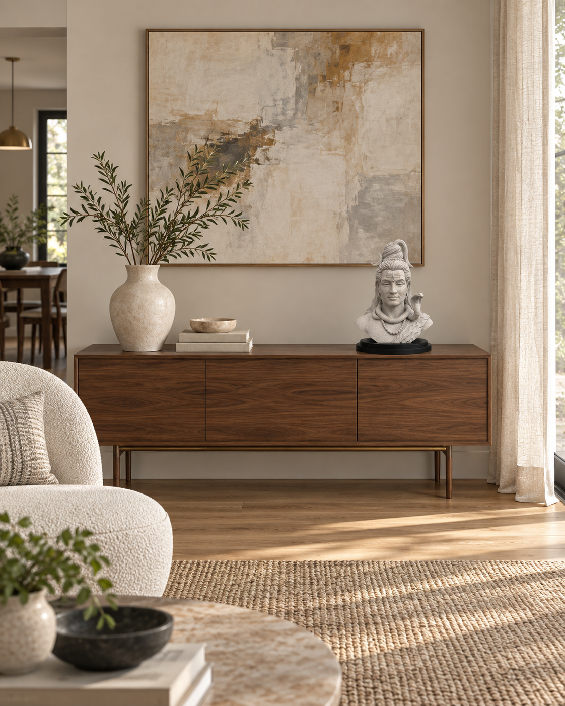 9.5-inch Shiva decorative sculpture styled on a living room console