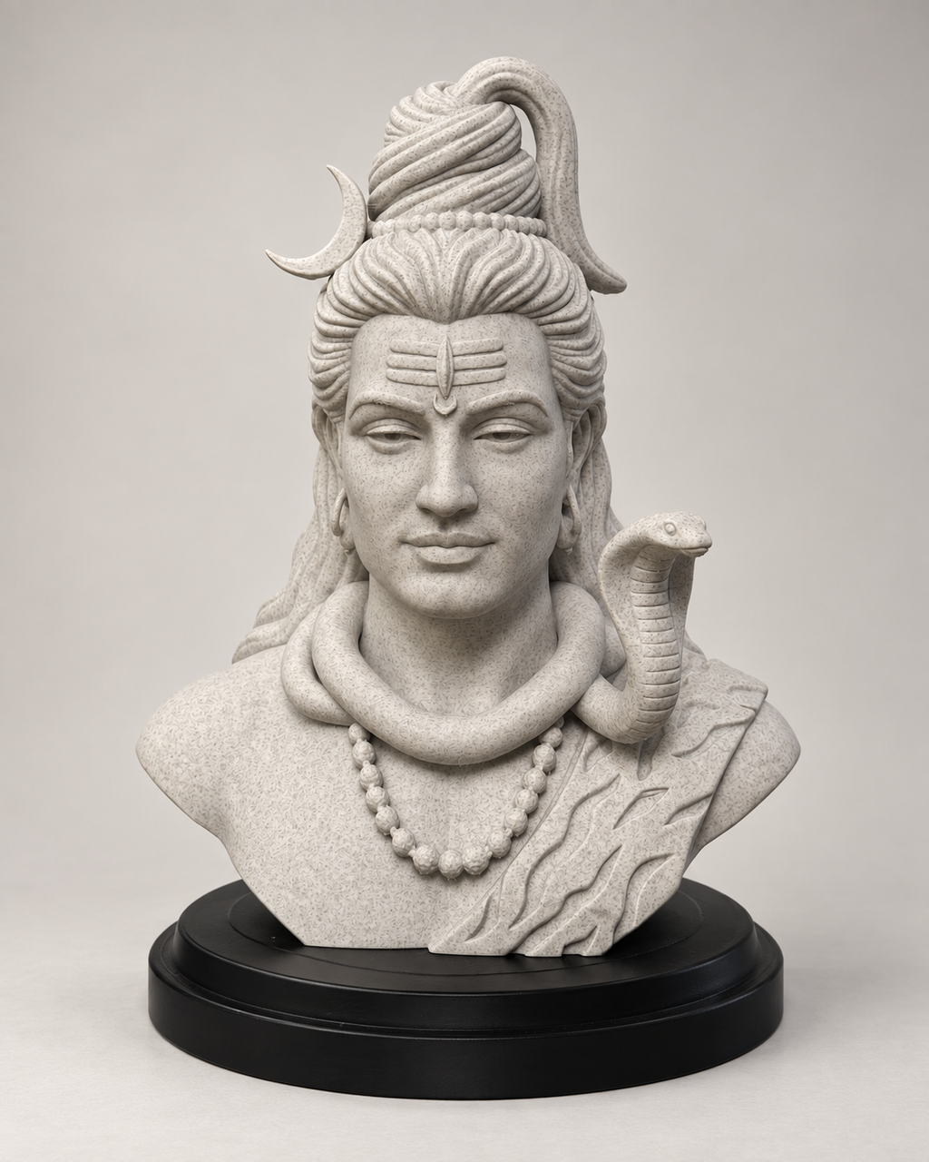 Shiva decorative art bust with marble-like finish and black display base