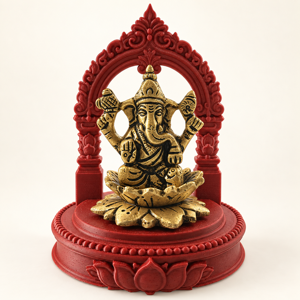 12 cm vintage brass Ganesha desk buddy with red 3D-printed frame — main hero v2