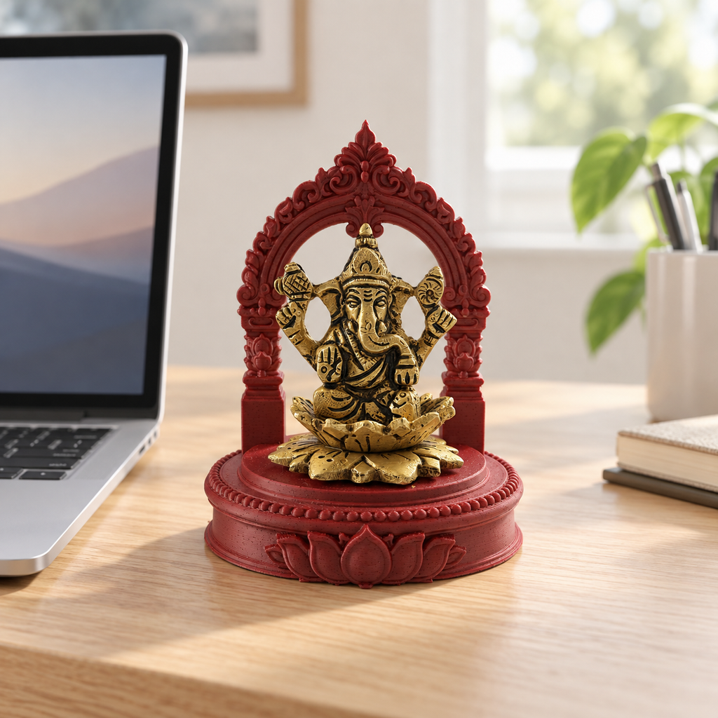 12 cm vintage brass Ganesha desk buddy with red 3D-printed frame — modern desk