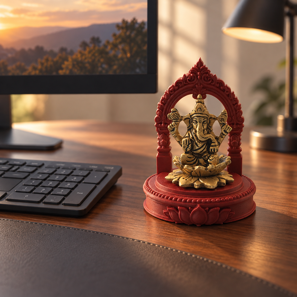 12 cm vintage brass Ganesha desk buddy with red 3D-printed frame — walnut desk