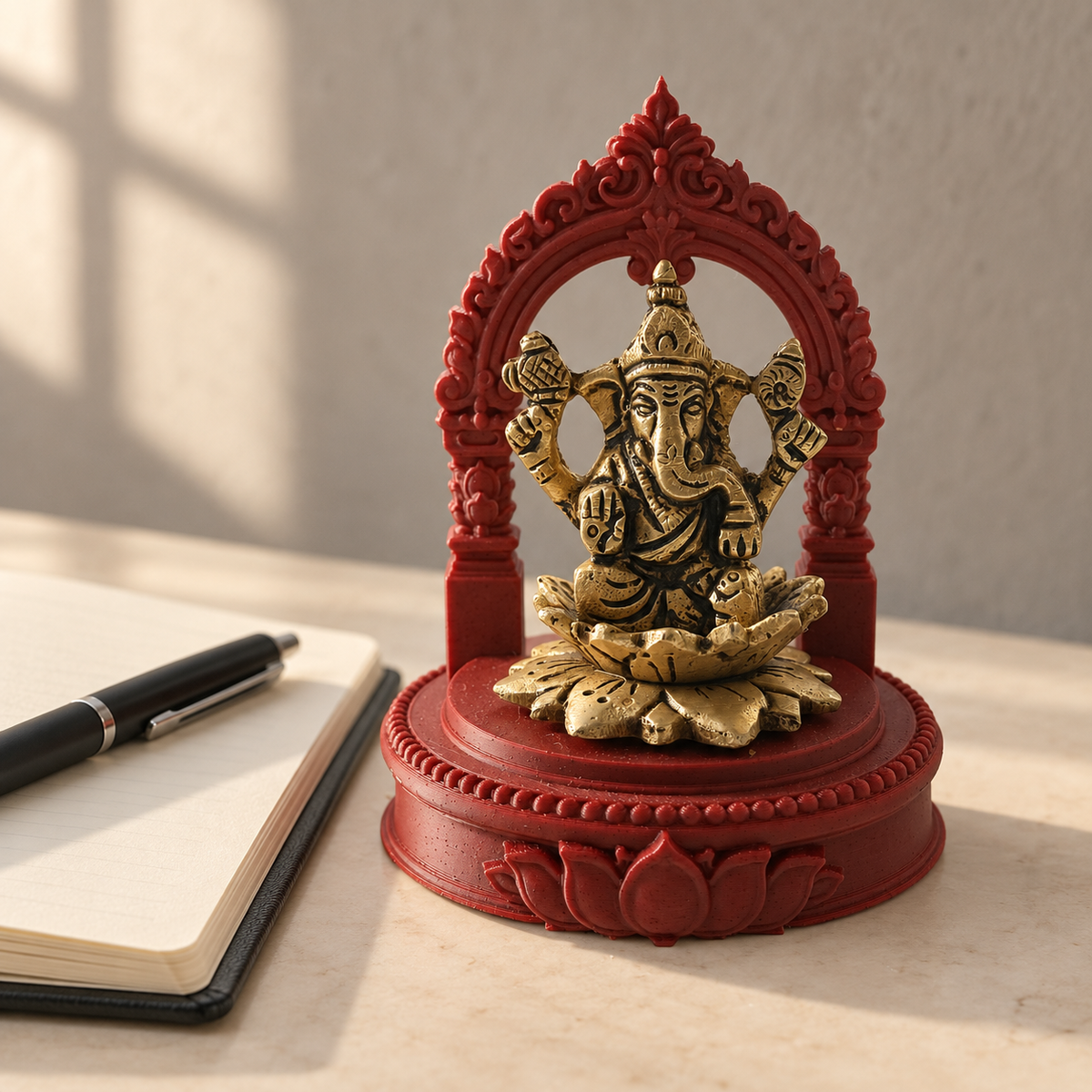 12 cm vintage brass Ganesha desk buddy with red 3D-printed frame — writing desk